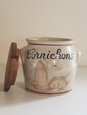 ANCIEN POT A CORNICHONS EN CÉRAMIQUE AVEC COUVERCLE EN BOIS VINTAGE ANNÉE 1980