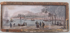 Rare vers 1850 Boite Dragée FIXE SOUS VERRE vue panoramique port animé bateaux