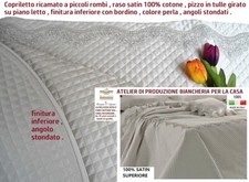 COPRILETTO ELEGANTE ARTIGIANALE Dentelle en Tulle 100% Satin Coton Couleur Perla