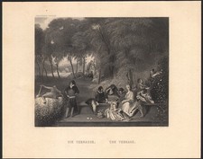 1860 Gravure Antoine Watteau Fêtes galantes La Terrasse Jardins