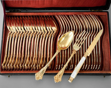 CHENAILLER : Ménagère à Dessert en Argent massif Vermeil Couteaux Nacre 54pc