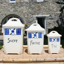 Lot de 3 pots à épices en faïence bleus sucre farine et thé senlis Paris