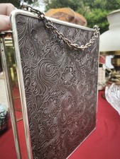 Ancien miroir de barbier triptyque 30,5cm X 24,50cm vintage avec chaine en métal