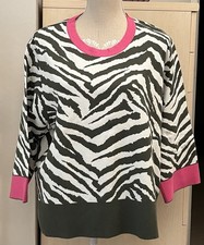 TRES JOLI TOP PULL DEVERNOIS T44/46 ZEBRE KAKI BLANC COL/POIGNETS FUCHSIA