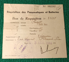 REQUISITION DES PNEUMATIQUES ET BATTERIES - BON DE REQUISITION - CACHET 1944