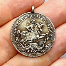 Saint George slays the dragon. Antique Large Pendant. Silver Medal. Horse.