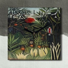 Horloge décorative sur toile 30x30 Singes et perroquet forêt henri rousseau