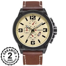 Montre Homme Cuir PU Militaire Curren Date/Jour Grand Cadran IP67 3 Cadrans