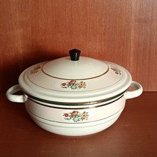 Marmite Vintage En Tôle Émaillée Beige Décor Floral, Couvercle, Cocotte