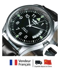 Montre Mécanique à Remontage Automatique Homme Boitier 40mm Bracelet Cuir Noir