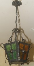 Ancienne lanterne française en fer forgé avec vitrail, belle époque