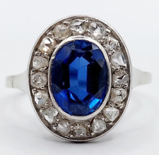 Bague pompadour art deco or blanc 18k saphir 1,64 carats diamant taille roses