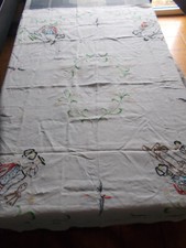 Ancien Nappe lin blanc Brodée Main Alsaciens Alsaciennes cigognes 130x150 cm