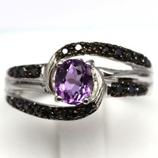 Bague argent 925 plaqué or blanc avec améthystes et CZ  noirs  T57