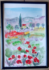 AQUARELLE LE MONT VENTOUX COQUELICOTS PARIS TABLEAU PEINTURE JUMEAUX JEAN PIERRE