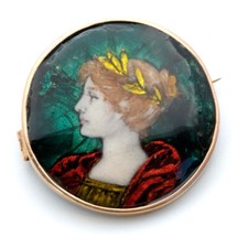 Broche Or Art Nouveau Femme Couronne Dorée En émail Signée P. Bonnaud 1902