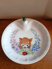 Assiette À Bouillie Chauffante Chat En Porcelaine De Limoges - Vintage 