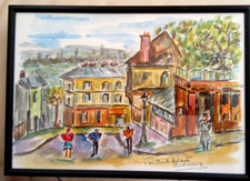 AQUARELLE PARIS MONTMARTRE BUVETTE TABLEAU PEINTURE SIGNE JUMEAUX JEAN PIERRE