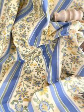Vintage French long HEAVY COTTON panel FLORAL blue TICKING decor c1960