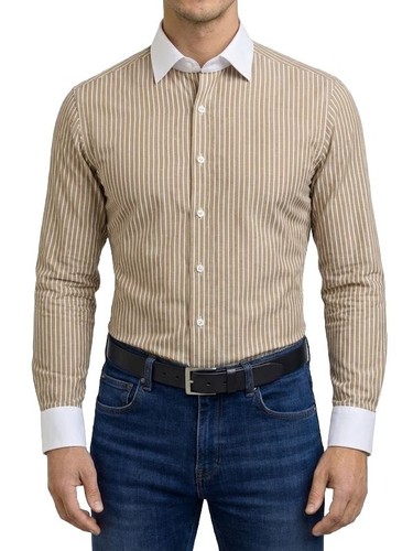 Chemise beige rayures col - beige,