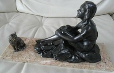ANCIEN BELLE STATUE ART DECO JEUNE FILLE AVEC SON CHAT signée B.Sollazzini 1920