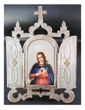 RELIQUAIRE DE VOYAGE SACRE COEUR EN METAL DORE,ARGENTE ET PORCELAINE POLYCHROME
