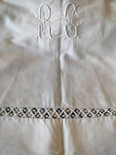 Drap de lin vintage français broderie main bord filé dessiné 300x220cm