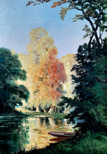 Huile Tableau Paysage St Cucufa Lac Automne Arbres Bateau signé CADRE POSSIBLE
