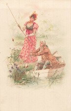 CP ILLUSTREE COSTUME EPOQUE COUPLE A LA PECHE BARQUE - 18019