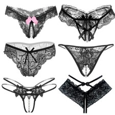 6-Packs String Crotchless Ladies with Pearl Flowers Hole kit Femme Lot de Cul...