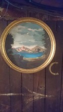 tableau ancien peinture sur bois decoration vintage paysage cadre rond