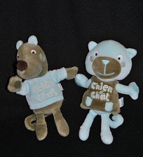 ?Doudou Chat + Chien DPAM Bleu Turquoise Kaki Scratch Grelot Peluche 19 cm