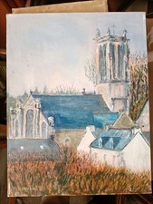 Tableau Huile sur toile impressionniste Eglise Bretagne. Signature illisible 