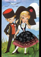 ALSACE (67) ALSACIENNE & VOL de CIGOGNES / Carte postale Brodée Dentelle Tissu