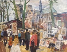 Roland Lefranc Œuvre huile sur toile « Les Bouquinistes «  Paris 80F