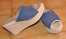 MULE COMPENSEE NU PIED  FEMME PITILLOS CUIR BLEU MARINE BEIGE DORE 36 QUASI NEUF