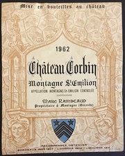 Etiquette de vin château Corbin Montagne Saint Emilion 1962 décollée 