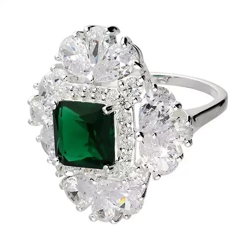 Bague halo émeraude argent - Émeraude,