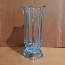 Vase En Verre Teinté Bleu, Style Art Déco, Sur Pied À Facettes,Forme Tulipe 21cm