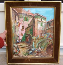 ancien tableau paysage provence village a eze nice signé rené ? a definir 1940