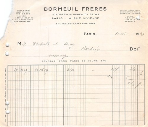 Facture 1937 dormeuil - facture,