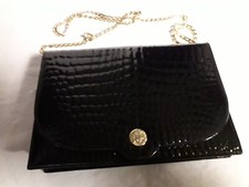 Sac à main ancien en cuir Noir vernis - façon Croco