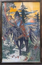 Peinture sur soie encadrée - Le cavalier noir de Bilibine