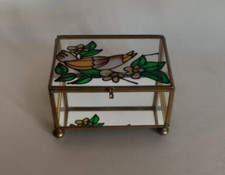 Boite a Bijoux Laiton Verre Fond Miroir Decor Peint Oiseaux sur Branche Fleur