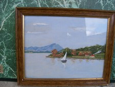 Tableau le Voilier sur le lac aquarelle gouachée Signature illisible