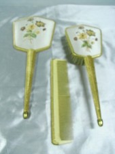 ?? NÉCESSAIRE DE TOILETTE LOT 3 COIFFURE VINTAGE MIROIR BROSSE PEIGNE BRODERIE