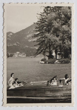 Paysage, bateau runabout, montagne, lac, vertical - Photo vintage snapshot