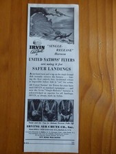 12/1945 PUB IRVING AIR CHUTE IRVIN PARACHUTE SINGLE RELEASE HARNESS ORIGINAL AD