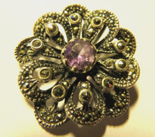 BROCHE ARGENT ancienne FLEUR ART DÉCO AMÉTHYSTE & MARCASSITES