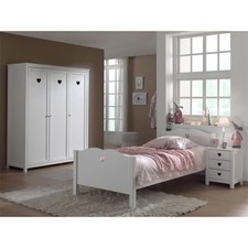 Pack - Lit Enfant, Sommier, Chevet & Armoire "Amori" 90x200cm Blanc